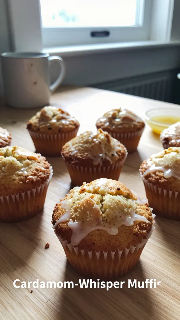 A real, authentic photo of fluffy Cardamom-Whisper Muffins on a casual kitchen counter, featured as the main subject from the article title, with a focus on muffins topped with a light dusting and a delicate glaze, arranged in a small imperfect group. Shot quickly in natural window light from a slightly angled, casual perspective as if someone just baked them, not staged. Include subtle, realistic imperfections: a few minor crumbs, a fingerprint on the lens, slight overexposed highlights on the glaze, gentle lens flare from the window, a touch of motion blur from a hurried shake, and a grainy texture that varies with the light. The horizon tilts a little, giving a candid vibe. The scene shows a chipped mug, a wooden or light-colored countertop, and a lemon glaze nearby in a small separate dish for tang, with the cardamom element subtly hinted by a warm, aromatic glow in the muffins. Avoid any words in the image; no text, no cinematic or professional terms. The image should feel like “shot quickly,” “taken in a hurry,” and “no staging,” with “fingerprint on lens” and “compressed, 1080p quality.” Optional light post-processing hints: slight smart blur with sharpening and a muted recolor to emulate a flat, casual snapshot. No AI-generated appearance; no labels or captions.