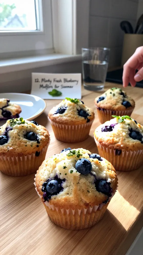 A real, authentic photo of minty fresh blueberry muffins in a casual kitchen setup, the main subject from the article title “12. Minty Fresh Blueberry Muffins for Summer” clearly represented. The scene is shot quickly with natural window light, a slice of late-mummer sun streaming in, no staging, just a real moment. A batch of fluffy blueberry muffins sits on a light wooden countertop, some muffins sprinkled with fresh minced mint or a light mint glaze, a few blueberries visible in cross-sections. A small, imperfect plate or napkin nearby adds realism. The composition is casual and slightly imperfect: a muffin in the foreground with a chipped glaze edge, a hand-drawn note of mint leaves in the background, and a glass of water or a mug nearby. Subtle, realistic phone-camera imperfections: slightly overexposed highlights on the muffin tops, gentle natural lens flare near a window, minor motion blur on a passing hand or a breeze moving a napkin, and warm grain that varies with light. Horizon slightly tilted, edges not perfectly aligned. The image should feel like a candid iPhone shot—no staging, no labels, no words. Optional very light, understated post-processing touches: minor micro-contrast tweak and slight color balance shift to emphasize fresh mint and blueberries, but still look like a quick capture. Compressed, 1080p quality, fingerprint on lens hints and occasional reflections on a glossy muffin top. No text in the image.