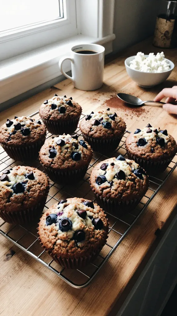 A photo of a batch of Chocolate-Blueberry Cottage Cheese Muffins cooling on a rustic wooden kitchen counter, with a few muffins studded with dark chocolate chips and blueberries visible through a light cocoa-tinted crumb. The scene is captured as if by an iPhone in natural window light, with a casual, imperfect setup: slight overexposed highlights from the sun hitting the muffins, a touch of lens flare in the corner, a subtle tilt of the horizon, and a bit of motion blur from a quick hand movement. The counter has a mug of coffee, a small bowl of cottage cheese, a spoon, and a dusting of cocoa powder nearby, all arranged in an unstyled, lived-in way. Slight fingerprint marks on the lens give a real, unretouched feel. The image should look like “shot quickly, taken in a hurry, no staging,” with grain that varies by light and a compressed 1080p quality vibe, as if captured casually on an iPhone. No text, no branding, no ultra-clean studio look; just a real, warm morning baking moment with a slightly imperfect, authentic flavor. Optional subtle post-processing hints: a natural-slight desaturation and gentle sharpening to resemble a casual screenshot-like capture, without AI-styled polish.