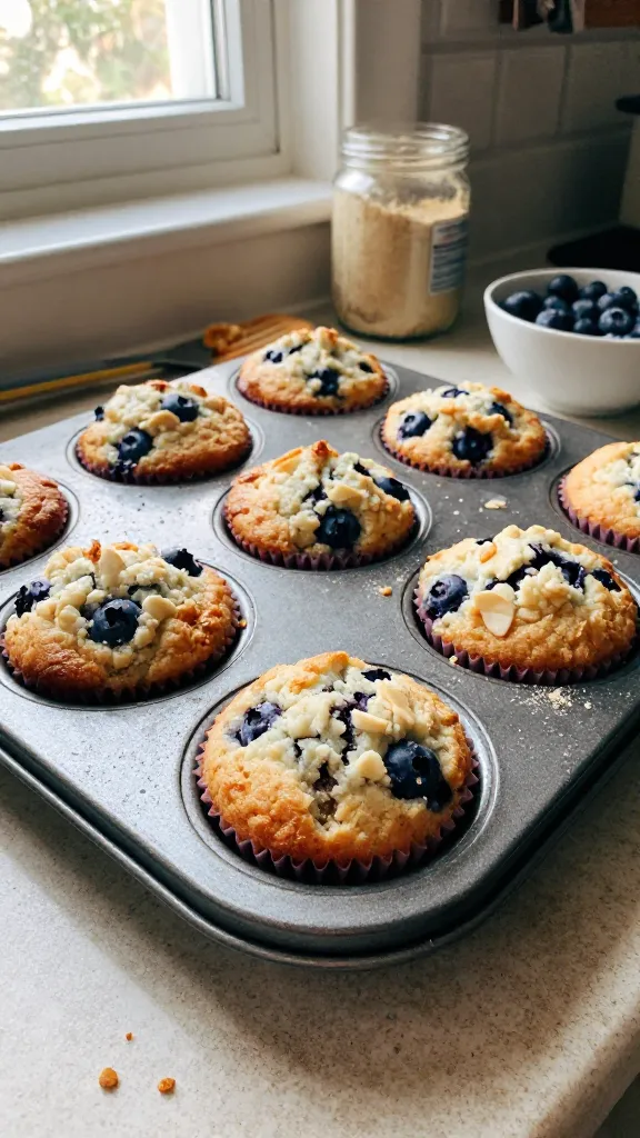 A real, authentic photo of fluffy gluten-free cottage cheese blueberry muffins on a worn kitchen counter, the main subject from the article title: “14. Gluten-Free Glow: Cottage Cheese Blueberry Muffins, GF Style.” The muffins sit in a simple, imperfect muffin tin with a light dusting of almond flour visible on the surface, some blueberries peeking through, showcasing a soft, tender crumb. Natural window light pours in from a nearby kitchen window, casting gentle shadows and a warm, cozy vibe. The scene is casual and unstyled: a few muffin crumbs, a crumb-coated spatula resting nearby, a jar of almond flour, and a small bowl with additional blueberries in the background. The photo should look like a quick snapshot taken with an iPhone—no staging, no professional setup. Include slight overexposed highlights on the glossy tops of a couple muffins, a subtle lens flare near the window, and a tiny tilt of the horizon to enhance realism. Grain varies with light, minor motion blur from a quick hand movement, and a slightly imperfect, compressed 1080p quality feel. Avoid any text overlays. Optional hint of post-processing that looks natural: a light, casual adjustment that retains an authentic, homey appearance. Ensure no words appear in the image.