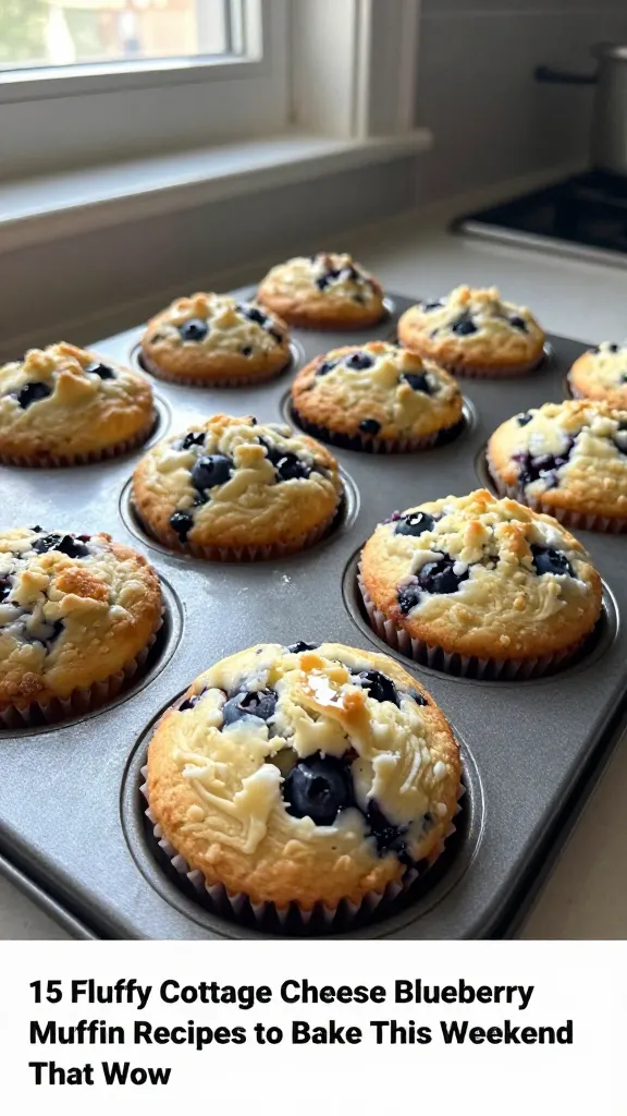 A real, authentic photo of a batch of fluffy cottage cheese blueberry muffins cooling on a kitchen counter, with a visible main subject from the article title “15 Fluffy Cottage Cheese Blueberry Muffin Recipes to Bake This Weekend That Wow” — the muffins in a mismatched bakeware setup, some with blueberries peeking through the tops. Shot quickly in natural window light, casual composition, and a slightly imperfect, lived‑in kitchen vibe. Include subtle, realistic phone-camera imperfections: a few slightly overexposed highlights on the muffin tops, light lens flare from the window, minor motion blur from someone reaching for a muffin, and grain that varies with the light. The horizon could be slightly tilted, and there should be a fingerprint or smudge on the lens somewhere for authenticity. Scene looks like a casual, no‑staging moment, taken in a hurry with an iPhone, with no studio lighting, no heavy DOF, and no text on the image. Optional very light post‑processing hints: a tiny color shift and mild sharpening, still preserving a natural, “screenshot quality” feel. No words in the image.