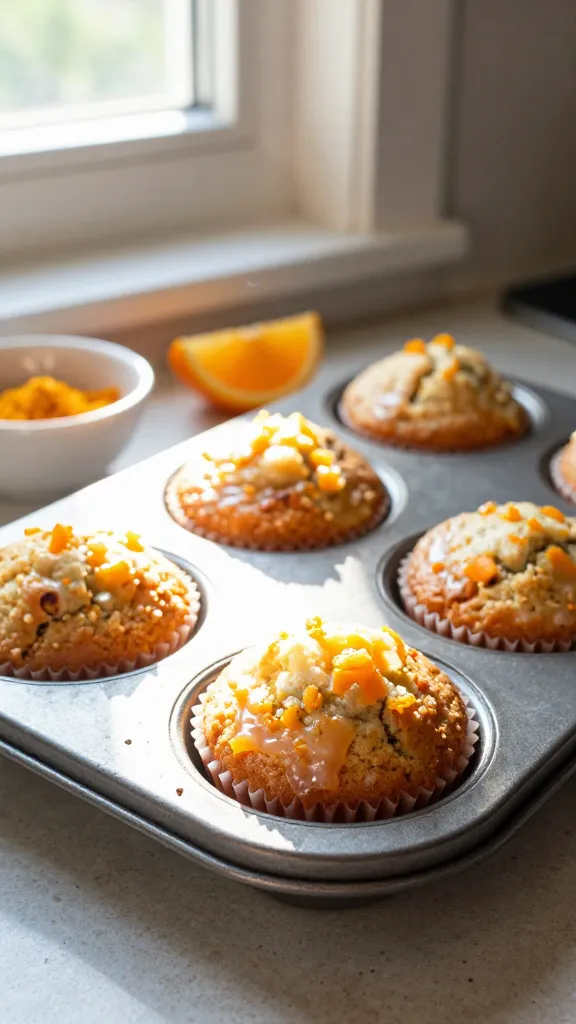 A real, authentic photo of Sunrise Citrus Burst Muffins that taste like morning sunshine, featuring warm, fresh muffins on a rustic kitchen counter. The scene is shot quickly with natural window light streaming in, casual composition, slight imperfections to feel real and not staged. A few muffins sit in a lightly cracked ceramic muffin tin, orange zest visible in the crumb and a light glaze catching a hint of sunlight. A small bowl of bright orange zest and a wedge of citrus sit nearby, hinting at the flavor without overpowering the scene. Slight overexposed highlights on the glossy glaze, subtle lens flare from the window, a tiny bit of motion blur from a casual hand movement, and a faint grain that varies with the daylight. The horizon is gently tilted, adding a candid, go-with-the-flow vibe. The shot should feel compressed, 1080p quality, with no staging and no visible text. A fingerprint on the lens and a touch of post-processing that’s minimal (scaled down and up again, slight smart blur with sharpening, recolored with a flat paint bucket) to avoid AI-detectable cues, while maintaining a natural, everyday breakfast moment. No words on the image.