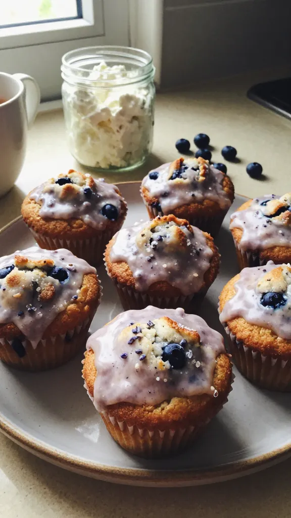 A candid, real‑life photo of Blueberry Lavender Dream Muffins on a casual kitchen counter, with a jar of cottage cheese and a few fresh blueberries scattered nearby. The muffins look warm and tender, with a light purple lavender glaze or subtle lavender specks visible, and tiny sugar crystals on a slightly craggy, crunchy top. The scene includes natural window light pouring in, soft shadows, and a slightly imperfect, lived‑in vibe. The photo is taken as if shot quickly on an iPhone: natural, unposed composition, a hint of motion blur from a gentle hand shake, a few tiny lens specks, slight overexposure at the brightest edge, a subtle tilt to the horizon, and grain that varies with the light. No staged setup, no external flashes. The image should feel like a real snack moment: casually arranged muffins on a rustic plate, perhaps a mug of tea or a teacup nearby, with warm, inviting tones and a cozy, everyday feel. No text on the image. Optional subtle post‑processing hints: light compression to resemble 1080p quality, a tiny touch of sharpness in the muffin tops, and a faint, natural vignette from camera processing, all while maintaining an authentic, no‑frills look.