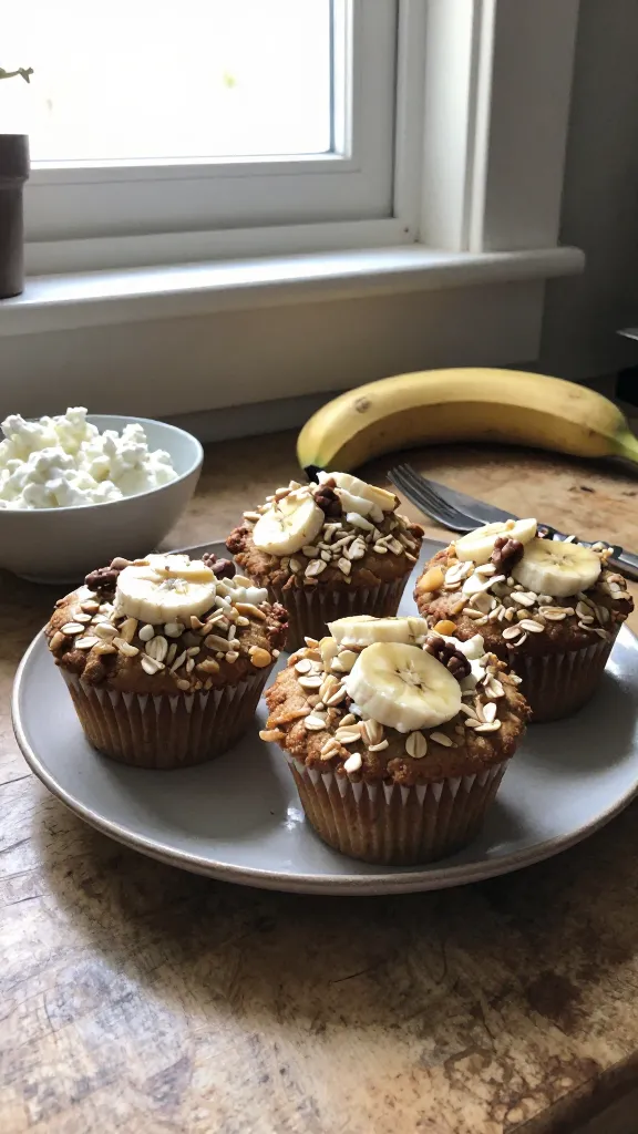 A candid, real-life photo of Oatmeal Banana Zing Muffins for Cozy Mloaf Vibes, featuring a plate of muffins made with cottage cheese, ripe bananas, oats, and optional walnuts, set on a rustic kitchen counter by a window. The scene should feel like an everyday, home-baked moment: natural window light streaming in, casual arrangement, slightly imperfect and authentic. The main subject from the article title—muffins with a cozy, homey vibe—should be clearly depicted as the focus. Include subtle, real-world camera imperfections: a touch of overexposed highlights from sunlight, gentle lens flare near the window, a hint of motion blur from a passing breeze or table movement, grain variation due to lighting, and a slightly tilted horizon to enhance realism. The photo should look like it was taken with an iPhone, no staging, no obvious artificial setup, and no text overlays. Avoid cinematic or studio terminology; convey “taken quickly,” “no staging,” and “fingerprint on lens” vibes. Optional: a faint, natural color adjustment that preserves flat, everyday tones, as if lightly edited in a casual photo app. Compositional notes: include a bowl or plate with muffins, a small dish of cottage cheese, a fork or knife nearby, a couple of ripe banana peels or whole bananas in the background for context, and a cozy, homey kitchen backdrop. Resolution: compressed, 1080p quality, screenshot-like authenticity. No words on the image.