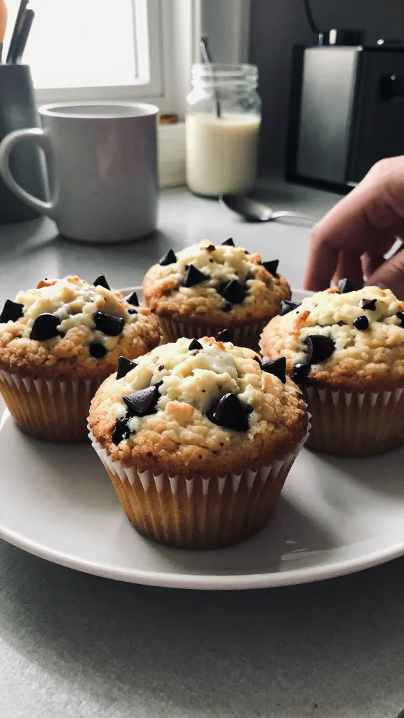 A real, authentic photo of a plate or trio of chocolate chip cottage cheese muffins on a simple kitchen counter, styled as if shot quickly in natural window light. The muffins should look tender and slightly chewy with visible dark chocolate chips, some moisture glistening on the surface, and a light, airy crumb. Include casual elements like a chipped mug, a jar of vanilla, a spoon, and a blurred fridge in the background to imply a home kitchen scene. Use natural, slightly imperfect composition: a touch of overexposed highlights from the window, a small lens flare, and a hint of motion blur on a nearby hand reaching for a muffin. Slight tilt to the horizon and grainy texture to mimic phone photography at 1080p quality. No stage lighting, no studio props, no text on the image. Optional subtle post-processing hints: mild desaturation and slight sharpen to mimic a casual, real photo, with a tiny fingerprint on the lens visible in the corner, and a compressed, screenshot-like look. Ensure the muffins resemble a post-workout/quick-dessert vibe, presented in a relatable, everyday kitchen moment.