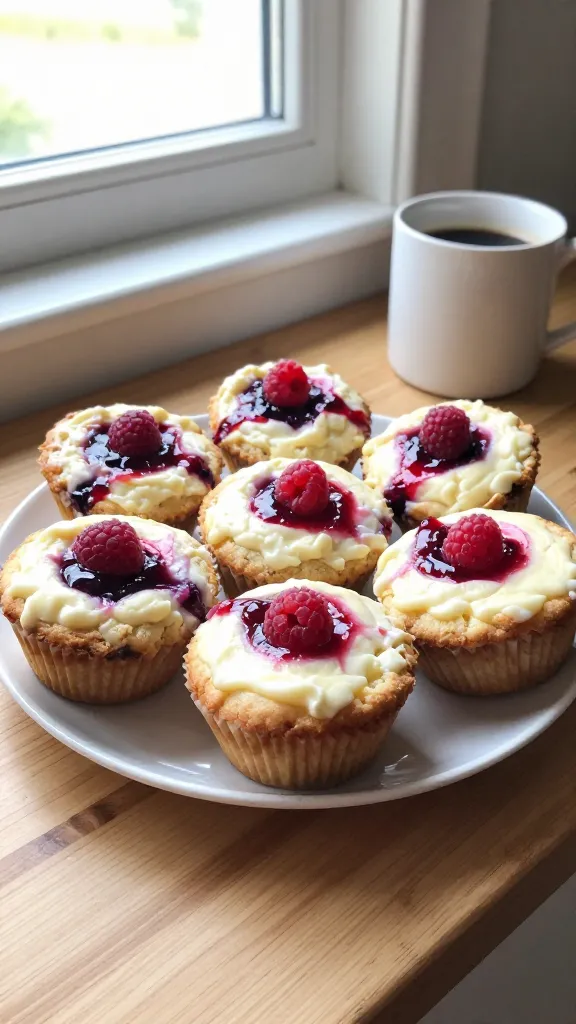 A natural, candid photo of a plate of Berry Cheesecake Muffins for drop-dead gorgeous layers, featuring creamy cottage cheese swirled muffins with raspberries and strawberry jam swirls, some tops dotted with berry halves. The plate sits on a light wooden kitchen counter by a breakfast nook window, captured in casual, unposed style as if shot quickly on an iPhone. Slight overexposed highlights from natural window light, a few lens imperfections like a tiny flare and gentle grain, a subtly tilted horizon, and minor motion blur from a casual breath or shifting plate. No staging: no labels, no extra props beyond a simple mug of coffee in the background and a soft morning glow. Muffins display imperfect, inviting centers and rustic texture, with a hint of post-processing that feels natural but not obvious (compressions, light sharpening, gentle color tweak). 1080p-ish quality, fingerprint on lens and a hint of screenshot-like quality to convey immediacy. No text on image.