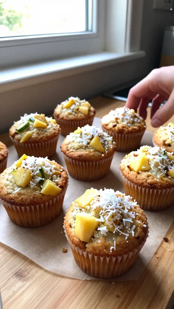 A photo of a batch of Zesty Pineapple Coconut Muffins, featuring a few muffins with visible pineapple chunks, shredded coconut, and a hint of lime zest, arranged casually on a light wooden kitchen counter by a kitchen window. The scene should look like a real, authentic moment: natural window light streaming in, slight imperfect arrangement, a few muffins in imperfect stacks, a plate or parchment paper underneath with crumbs. Include visible textures: golden-brown tops, flaky coconut, moist crumb. Capture the main subject from the article title—muffins as the focal point. Use a natural, slightly imperfect composition that feels photographed in a hurry, not staged. Include realistic phone-camera imperfections: a touch of overexposed highlights from the window, a tiny lens flare, minor motion blur on a hand reaching for a muffin, grain that varies with light, and a slightly tilted horizon. No text on the image. The image should resemble an iPhone photo—compressed, 1080p quality, “taken quickly” vibe, with no cinematic or studio cues. Optional: a subtle hint of post-processing that keeps it low-key and plausible (e.g., light color tweak, minimal sharpening).