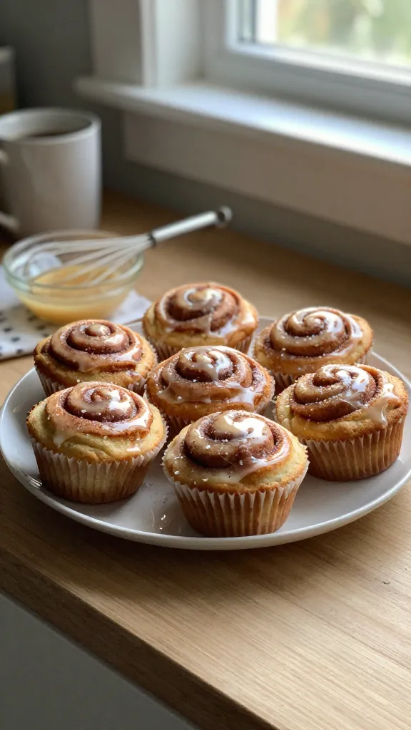 A cozy kitchen scene featuring a plate of Cinnamon Roll Muffins with Sparkle Glaze, the muffins glowing with cinnamon swirl ribbons and a glossy glaze, on a simple wooden or marble counter. The plate sits near a window with natural daylight streaming in, casting soft shadows and a gentle, warm tone. The muffins appear light and fluffy, with a sprinkle of sugar crystals catching the light. A small bowl of glaze with a whisk rests nearby, and a mug of coffee in the background hints at a weekend morning vibe. The shot should feel real and un-staged: taken quickly with an iPhone, natural window lighting, casual composition, slight imperfections like a finger-on-lens or a tiny reflection, a slightly tilted horizon, and subtle grain from the light. Include minor overexposed highlights on the glaze, light lens flare from the window, a touch of motion blur on a nearby napkin or spoon, and a compressed, 1080p quality look without any text or logos. No cinematic or studio terms, no AI-detectable staging, just a warm, homely snapshot with no words. Optional subtle post-processing hints: slight smart blur and gentle color adjustments, but keep it looking authentically imperfect and real.