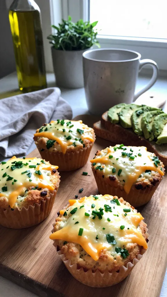A real, authentic photo of savory herb and cheddar cottage cheese muffins arranged on a rustic wooden breakfast board, shot as if taken quickly with an iPhone in natural window light. The scene shows a few muffins with melty cheddar, herbs like chives and parsley, and a side of avocado toast. Casual composition: some muffins slightly overlapping, a chipped mug, a bottle of olive oil, a light linen napkin, and a small pot of herbs in the background. Subtle: slight overexposed highlights on a muffin edge, gentle lens flare from the window, minor motion blur from a casual angle, and a touch of grain that increases with the natural light. Horizon subtly tilted, no staging or perfection, fingerprints on the lens, and a slightly squeezed, compact phone-camera feel (1080p-ish quality, no text or branding). A hint of post-processing effect that keeps it natural—scaled down and up with a light sharpening, but still looks like a quick, candid cook’s shot. No words or logos visible.