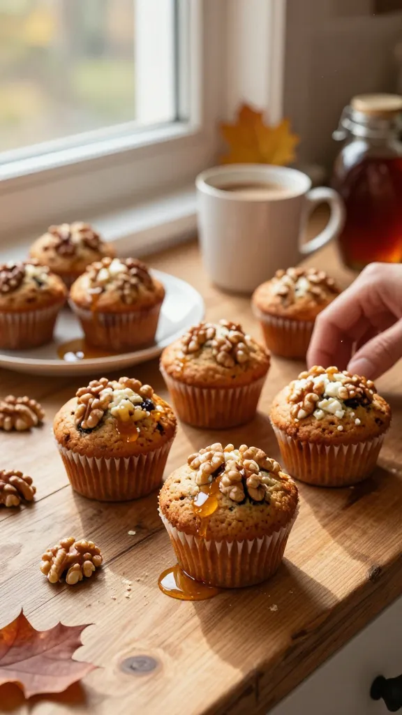 A cozy autumn kitchen scene featuring Maple Walnut Muffins as the main subject, with muffins visibly studded with walnuts and specks of cottage cheese inside, arranged on a rustic wooden counter near a window. The photo should feel candid and real, as if quickly shot with an iPhone: warm, natural window light streaming in, soft shadows, and a slight imperfect angle. Include a small plate of muffins with a drizzle of maple syrup and a few walnut halves for texture, a mug of chai or coffee in the background, and a jar of maple syrup nearby. Hands lightly reaching into frame or a crumb on the counter add realism. Emphasize cozy autumn vibes: warm amber tones, cinnamon hints, and a subtle fall leaf motif in the background. Realistic imperfections: slightly overexposed highlights on the glossy maple syrup, gentle lens flare from the window, minor motion blur from a casual pause, grain that varies with light, and a slightly tilted horizon. No staging or studio lighting; no words on the image. The scene should feel like a quick snapshot, “taken in a hurry,” with fingerprint on the lens and a compressed, 1080p quality look to mimic real phone photography. Optional subtle post-processing to mimic a light, real-world edit without feeling artificial.