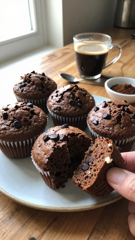 A real-looking photo of Double-Chocolate Mocha Muffins for Legit Chocoholics, photographed as if casually during a home kitchen coffee break. The main subject should be a plate or container of muffins featuring visible cocoa, dark chocolate chips, and a subtle espresso glint, with one muffin split to show a moist crumb and a hint of cottage cheese texture inside. Natural window light from the left, soft and warm, casting gentle shadows. Casual, imperfect setup: a chipped ceramic plate on a rustic wooden table, a mug of coffee with visible crema, a teaspoon, and a small bowl of espresso powder nearby. Slightly imperfect composition with a tilt, perhaps a partial foreground finger or hand in frame reaching for a muffin. Realistic camera imperfections: gentle overexposed highlights on the muffin tops, a tiny lens flare from the window, light grain in the shadows, minor motion blur from a quick movement, and a slightly tilted horizon. No staged backdrop, no text, just a candid, everyday kitchen vibe. Optionally, a subtle, natural fingerprint smudge on the lens edge and a faint, compressed 1080p-like quality to convey “taken in a hurry.” No heavy editing or high-key studio feel; keep it authentic, iPhone-style, and unposed.