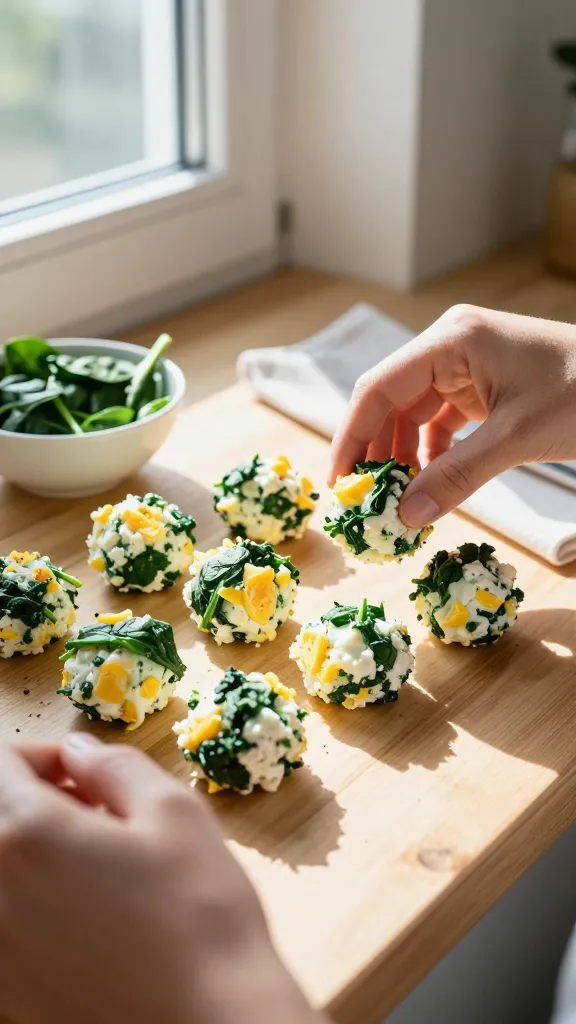 A realistic iPhone photo of Sunrise Spinach Power Bites: a small batch of bright cottage cheese and egg bites with fresh spinach folded in a sunny, casual breakfast setting. The bites sit on a light wooden counter near a window, with natural morning light casting soft shadows. Hands are in frame reaching for a bite, showing a casual, everyday breakfast vibe. The scene includes a tiny bowl of spinach, a few cracks of pepper, and a lightly creased paper napkin, all in natural, imperfect composition. Slight overexposed highlights on the bites, a bit of lens flare from the window, minor motion blur from a quick grab, and a subtle grain that varies with light to convey realism. Horizon slightly tilted, no staging, fingerprints on the lens, and a compressed, 1080p quality look. No text on the image. Optional subtle post-processing hints: slightly reduced AI detection with a hint of smart blur and mild sharpening, and recolored with a flat, natural palette. Shot quickly, taken in a hurry, everyday breakfast photography.