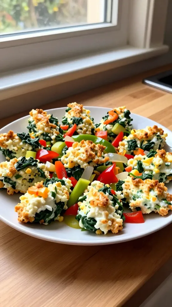 A real, authentic photo of a plate of Cottage Cheese and Egg Bites with Spinach & Veggies featuring a Zesty Veggie Medley Boost: colorful peppers, zucchini, and onions folded into fluffy bites, photographed in casual, natural kitchen window light. The scene is taken in a hurry, no staging, with a slightly imperfect, realistic feel. The plate sits on a light wooden counter near a sunlit window; warm, natural daylight highlights the texture and moisture of the bites, some peppers and onions visible in the mix. Slight overexposed highlights on glossy bites, small lens flare from the window, and a tiny tilt to the horizon for realism. Subtle grain visible in the shadows and midtones, a hint of motion blur from a quick handheld shot, and minor fingerprints or smudges on the camera lens for authenticity. The image has a compressed, 1080p quality or “screenshot quality” vibe, with no text, no staging, and no AI-generated look. Optional faint post-processing touch: a light, unpolished touch that feels like a casual edit, but not overly polished, to keep it truly spontaneous. No words on the image.