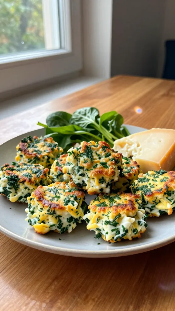 A real, authentic photo of cottage cheese and egg bites with spinach and herbs, centered as the main subject, on a casual breakfast setting. The scene features a small plate of golden-brown bites with visible flecks of dill, chives, and parsley, surrounded by fresh greens and a wedge of sharp cheese slightly crumbled nearby. Natural window light streams in from the side, casting soft shadows and a warm, inviting glow. The composition is informal and slightly imperfect: a few bites resting at odd angles, a lightly scratched ceramic plate, and a wooden table with subtle texture. Subtle, realistic camera artifacts appear: tiny overexposed highlights on the plate rim, faint lens flare in the corner, a touch of motion blur from a quick hand movement, and mild grain that varies with the light. The horizon appears slightly tilted, and there are minor imperfections like a fingerprint on the lens and slight color shifts from natural post-processing. The image should feel like an iPhone snapshot taken in a hurry, with no staging or professional lighting, roughly 1080p quality, and no visible text on the image. Optional subtle post-processing hints can include slight smart blur with sharpening to simulate a real-world edit, and a flattened color tone to avoid hyper-real clarity.