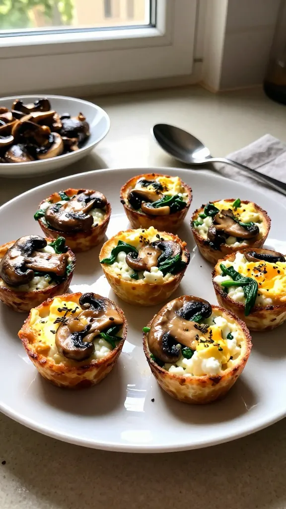 A casually plated plate of savory Mushroom & Spinach Symphony bites: glossy sautéed mushrooms with emerald spinach folded into tender cottage cheese and eggs, baked into bite-sized, eggy cups with a golden-brown tops, speckled with thyme, set on a simple plate. The scene should look like a real, authentic iPhone photo taken in natural window light, with a warm, cozy kitchen counter backdrop. Composition is relaxed and imperfect—a slight tilt of the horizon, a parked spoon nearby, and a small dish of extra sautéed mushrooms in the frame. Include touches of natural phone imperfections: tiny overexposed highlights on the plate edge, faint lens flare from a sunny window, subtle motion blur in the edge of a napkin, graininess from low light, and fingerprints or smudges on the lens. The photo should feel candid: “shot quickly,” “taken in a hurry,” “no staging,” “fingerprint on lens,” “compressed, 1080p quality,” and “screenshot quality.” Optional: a hint of post‑processing that reduces AI detection (e.g., slight smart blur with sharpening, recolored with a flat paint bucket) but no text or labels visible in the image. No words, no captions, just the real photo vibe.