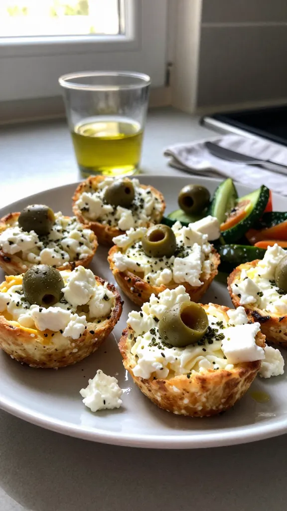 A real, authentic photo of Mediterranean Olive & Feta Twist cottage cheese and egg bites in a casual kitchen setting, captured with an iPhone. Natural window light streaming in, a casually arranged plate of bite-sized cottage cheese and egg bites with crumbled feta and olive pieces, sprinkled herbs, and a few veggie accents on the side. Slightly imperfect, realistic feel: a fingertip-sized smear of feta on the plate edge, a tiny glass of olive oil in the background, and a napkin casually crumpled nearby. Shot quickly, no staging, no professional setup, finger on the lens tiny fingerprint visible, slight overexposed highlights from the window, subtle lens flare, minor motion blur from a gentle hand tremor, grain that varies with light, slightly tilted horizon, compressed 1080p quality, no text on the image. Optional, subtle post-processing hints: scaled down and up again, slight smart blur with sharpening, recolored with a flat paint bucket to keep natural look. Realistic, everyday texture and color, capturing a bold, salty feta bite with creamy cottage cheese and olive accents.