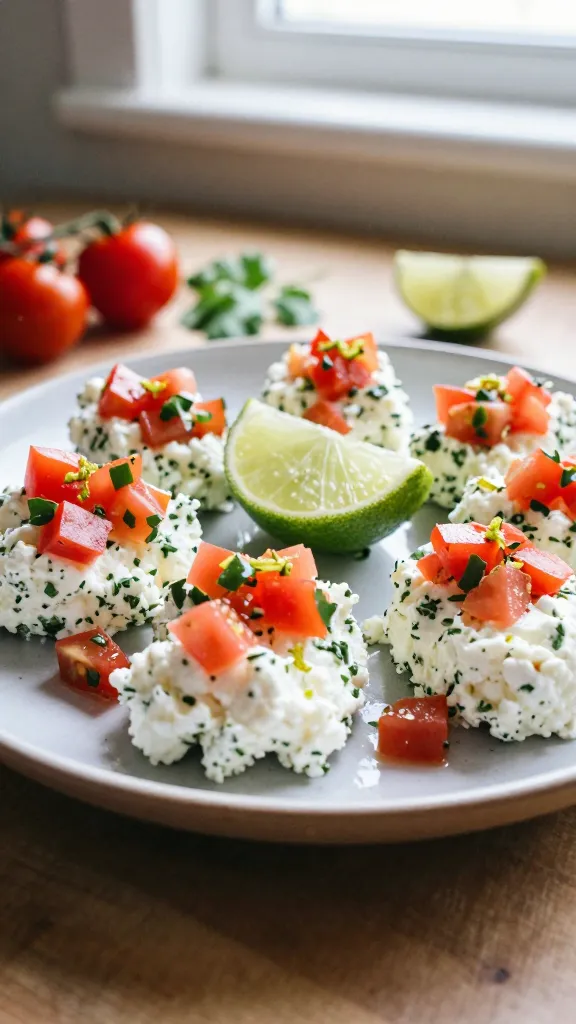 A real, authentic photo of a plate featuring Herbed Garden Pico Bite: fresh cottage cheese and herbs formed into bite-sized portions topped with bright pico de gallo, a squeeze of lime, and a few lime zest specks, all arranged casually on a simple ceramic or wooden plate. The scene is photographed in natural window light, with a warm, summery vibe, as if a quick everyday meal captured mid-day. The composition is imperfect and candid: slight tilt to the horizon, a touch of overexposed highlights from the daylight, subtle lens flare near the edge, and a tiny bit of motion blur from a handheld shot. The plate sits on a rustic kitchen counter or a casual table, with a few ingredients (mini tomatoes, cilantro leaves, lime wedge) softly in the background out of focus. The image has a grainy texture that varies with the light, and minor imperfections like a fingerprint on the lens, a slight color shift from the lighting, and a realistic, compressed 1080p look. No staging, no words on the image, no text overlays. Optional very light post-processing that keeps the photo looking like an everyday, unscripted moment. The main subject is the Herbed Garden Pico Bite as described, with fresh pico and a touch of lime brightening the cottage cheese, conveying a fresh, summery brunch-to-lunch snack feel.