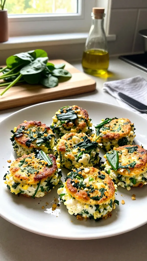 A plate of Garlicky Greens & Chive Crunch cottage cheese and egg bites, plated on a simple white ceramic dish with a few bright green spinach leaves and chives visible, surrounded by a light scatter of herb crumb topping. The setting is a cozy kitchen counter near a window, natural daylight streaming in, with casual, imperfect composition as if photographed quickly. A wooden cutting board, a small bowl of extra greens, and a jar of olive oil sit in the background to convey a homey meal-prep vibe. The bites themselves are golden-brown with visible flecks of garlic, greens, and tiny herb crumbs, arranged in an informal pile. Subtle fingerprint/smudge on the camera lens, slight overexposure on a highlight edge, gentle lens flare from the window, a touch of motion blur around a napkin, and a slightly tilted horizon to emphasize spontaneity. Colors are warm and natural, no heavy editing; the image has a compressed, 1080p-like quality, no text, no captions, and no obvious AI artifacts. Shot in a hurry, no staging, no professional lighting, just real, everyday kitchen lighting or ambient window light with a casual, authentic feel. Optional very light post-processing hints: minor smart blur with sharpening and a flat color tune, but nothing that reads as studio or highly polished. No words on the image, just a genuine candid shot of the plate.