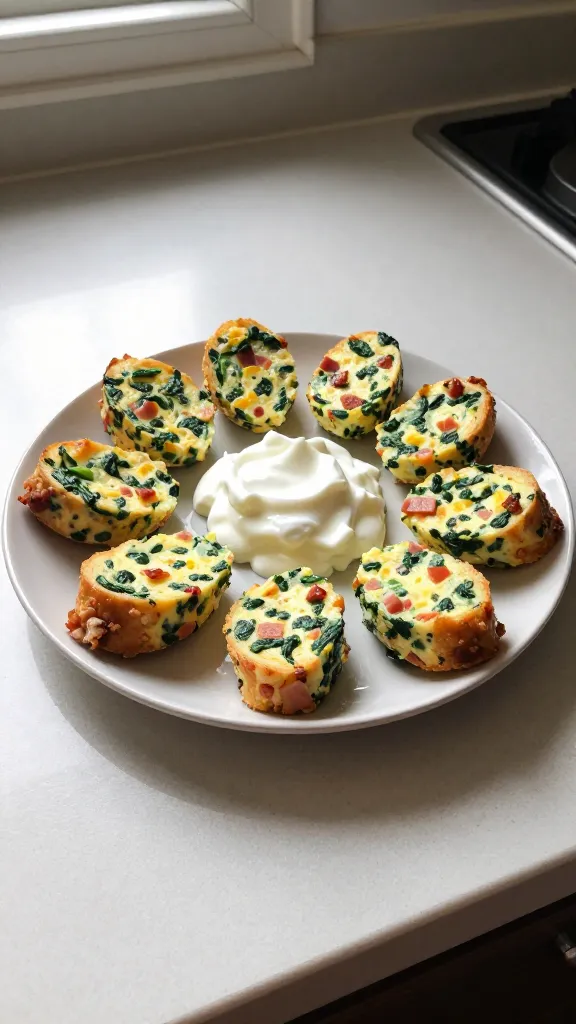 A candid, real-life photo of 10 Cottage Cheese and Egg Bites with Spinach & Veggies arranged as a portable mini-meal on a simple kitchen counter. The main subject is a small plate of bite-sized egg bites with specks of spinach and veggie bits, a dollop of yogurt on top, and a few bites scooped in a natural, scattered layout. Include diced ham or crispy bacon bits tucked in for a meaty contrast. The scene is lit by natural window light, with a casual, imperfect composition: a slightly tilted horizon, soft shadows, and a few casual kitchen items in the background. Add subtle phone imperfections: minor overexposed highlights on the plate edge, faint lens flare from the window, a touch of grain in the darker areas, and a tiny fingerprint/smudged area on the lens for authenticity. The image should feel like a quick, in-the-moment shot taken on an iPhone—no staging, no studio setup, just “shot quickly, taken in a hurry.” Slight compression to 1080p quality, no text on the image, and no AI watermark. Optional very light post-processing hints: gentle desaturation of backgrounds, slight sharpening on the bites, and a flattened contrast to resemble a casual, everyday photo.
