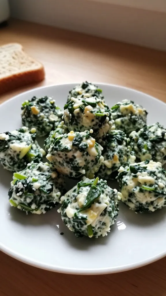 A close-up, real-looking photo of Spinach and Garlic Green Burst Bites on a small white plate, showcasing green spinach flecks and creamy cottage cheese texture, with a few bites stacked casually. The scene should feel unscripted and natural, as if taken quickly in a home kitchen using an iPhone. Use natural window light that casts soft shadows, a casual, imperfect composition, and a slightly tilted horizon. Include subtle camera imperfections: gentle overexposed highlights on the plate edge, a hint of lens flare from the window, minor motion blur from a casual hand-held shot, and grain that varies with the lighting. The plate sits on a wooden counter with a blurred background suggesting a breakfast setup, maybe a slice of whole-grain toast nearby. No text overlays. The image should look like “shot quickly,” with “no staging,” and a slightly fingerprinted lens feel, as if captured in 1080p quality, with a “screenshot quality” vibe. Optional subtle post-processing hints: slight smart blur with sharpening and a flat recolor, but keep it natural and not obviously AI-generated. The main subject remains the bite-sized cottage cheese bites, centered but with a natural, imperfect framing.