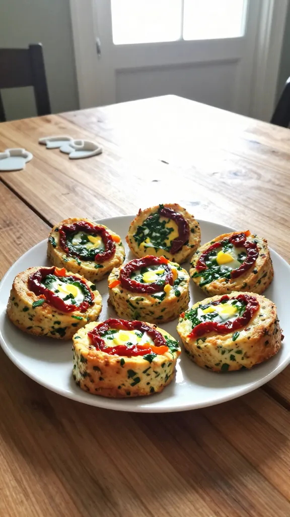 Sun-dried tomato basil egg bites proudly arranged on a small, imperfect white plate resting on a rustic wooden breakfast table. The bites show a gooey, savory center with bright green flecks of fresh basil and red-orange ribbons of sun-dried tomatoes visible. The scene is lit by natural window light, with a casual, everyday breakfast vibe—slightly overexposed edges, a gentle lens flare from the window, and a touch of grain in the shadowed areas. The shot feels real and unstyled: taken in a hurry, no staging, fingerprint on lens, slight tilt to the horizon, and a casual, candid composition as if snapped with an iPhone. No words, no branding. The image should look like compressed, 1080p quality, with minor motion blur from a quick hand gesture and a subtle, imperfect color balance that hints at post-processing that kept it authentic rather than polished. Focus on the bites and a couple of silicone mold shapes faintly visible in the background, reinforcing the freezing idea without appearing artificial.