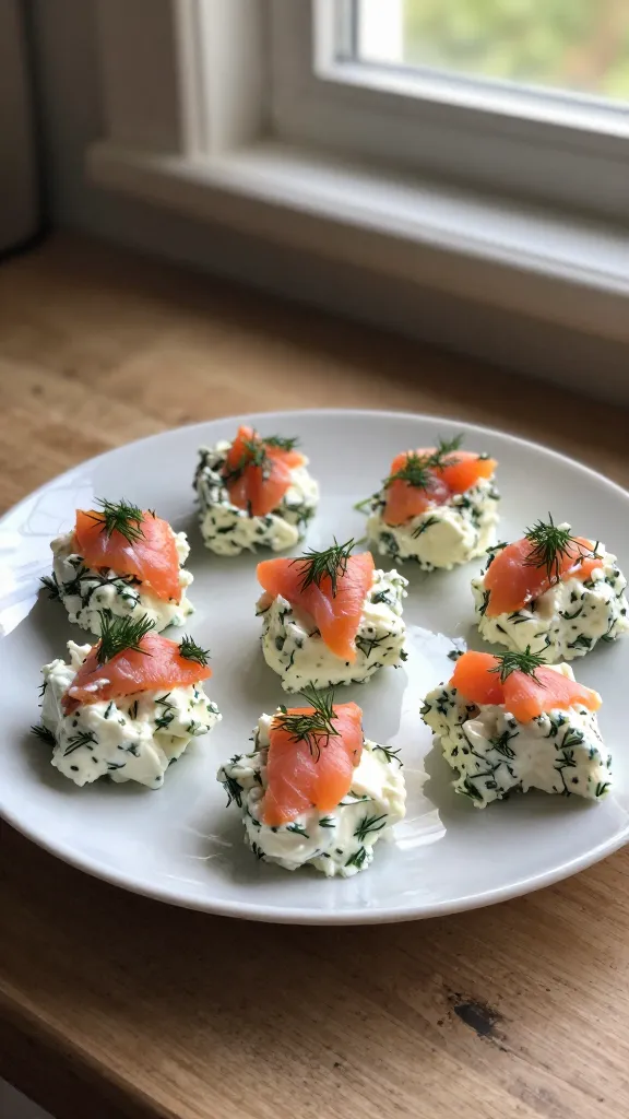 Smoked Salmon and Dill Deluxe cottage cheese bites on a simple white plate, gathered on a rustic kitchen counter near a window. The plate shows creamy pale cottage cheese with pink-orange smoked salmon chunks folded with chopped fresh dill sprinkled for brightness, in a casual, imperfect arrangement. A few bite-sized portions are arranged haphazardly to emphasize a quick, no-staging vibe. Natural window light casts soft shadows and a touch of warm glow, with slight overexposed highlights on the plate edge and a faint lens flare from the window. Slight motion blur from a casual, in-a-hurry shot, with a tiny tilt to the horizon and a hint of grain in the image. Fingerprint on lens and minor imperfections to enhance realism, giving a compressed, 1080p quality, no text, no artificial staging. Shot quickly, no staging, screenshot-like quality, no cinematic or studio feel, subtle post-processing that keeps it natural.