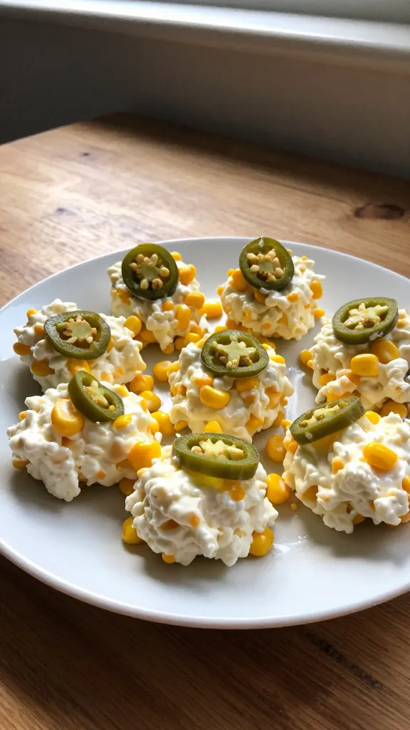 A real, authentic photo of a plate of cheesy cottage cheese bites with corn and jalapeño as the main subject, photographed as if quickly snapped on an iPhone. The scene should feel casual and unposed, with natural window light streaming in from the side, casting gentle shadows and highlighting the creaminess of the cottage cheese and the vibrant corn yellows and jalapeño greens. The plate sits on a simple kitchen counter or rustic wooden table, with a few bites arranged in a loose, imperfect cluster to emphasize a homey, ready-to-eat vibe. Include subtle, natural imperfections: a slight overexposed highlight on the cheese where light catches, a tiny lens flare at the edge, a hint of motion blur from a hurried shot, and a faint grain that varies with lighting. The horizon appears slightly tilted, suggesting a spontaneous moment rather than a staged setup. No text or branding on the image. The overall look is “shot quickly,” “taken in a hurry,” with “no staging,” and a touch of “fingerprint on lens” and “compressed, 1080p quality” to mimic real-life iPhone capture. Optional subtle post-processing hint: a light, non-uniform sharpening and a gentle, flat color bias to resemble a casual, real photo rather than perfect studio imagery.