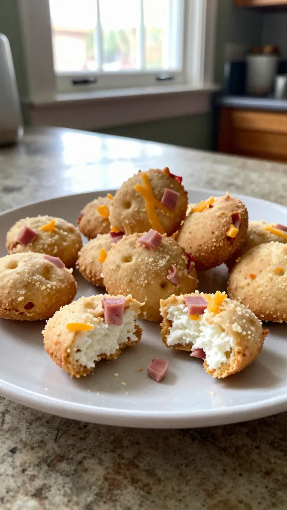 A real-looking photo of Ham and Cheese Crunchers, the main subject from the article title, presented as portable bite-sized snacks on a casual plate. The scene is shot with natural window light to create soft shadows and an authentic, unstaged feel. The composition is relaxed and slightly imperfect: a few bites already plated with a couple of bite marks, ham diced small and cheddar lightly shredded visible on top for a crusty edge. The cottage cheese texture should appear light and fluffy within the bites, not soggy, implying a fresh, frozen-to-freeze texture. The plate sits on a rustic kitchen counter with a blurred, everyday home setting in the background. Include realistic phone-camera imperfections: a touch of overexposed highlights from the window, a faint lens flare, minor motion blur from a quick hand movement, and subtle grain varying with light. Horizon slightly tilted, no studio setup, no staging, finger print on lens feel, 1080p-like quality, as if shot quickly with an iPhone. No text on the image. Optional subtle post-processing hint: a minor, natural look that suggests a casual edit but remains believable and unpolished.