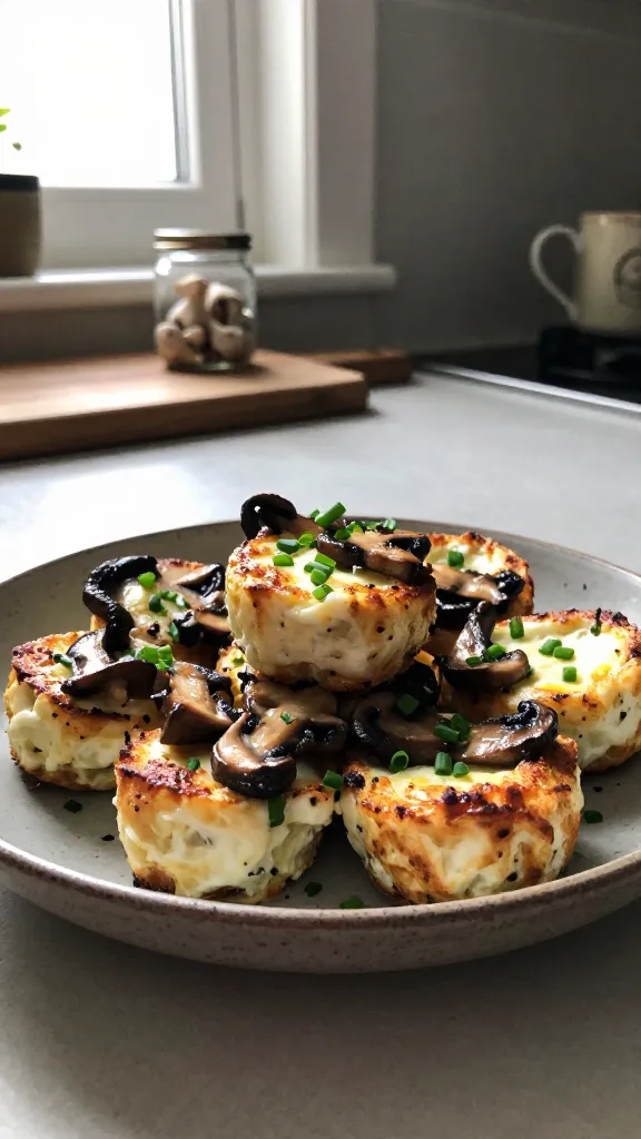 A real, authentic photo of a stack or cluster of cottage cheese egg bites featuring mushrooms and chives as the main subject, plated on a small, rustic dish. The bites are lightly browned, with visible sautéed mushrooms in every bite and delicate green chives sprinkled on top. The scene should evoke a tiny, savory breakfast bite—like a breakfast mushroom toast without bread. Natural window light filters in from the side, casting soft shadows and gentle highlights on the textured surface of the bites. The background is a casual kitchen counter with a few everyday, imperfect details—a wooden cutting board, a small jar of mushrooms, and a lightly blurred mug in the distance. Capture a candid, no-staging moment: a quick, in-the-moment shot as if someone just plated the bites and grabbed a phone to snap a quick photo. Include realistic phone-camera imperfections: slight overexposed highlights on the cheese edges, a faint lens flare from the window, minor motion blur from a casual hand, subtle grain that varies with the light, and a slightly tilted horizon. The overall look should feel like an iPhone photo taken in natural light, with a compressed, 1080p quality, fingerprint on the lens hint, and a “shot quickly” vibe. No text on the image. Optional subtle post-processing cues: a light, non-uniform color tweak that makes the scene feel real and unpolished, as if scaled down and up again.