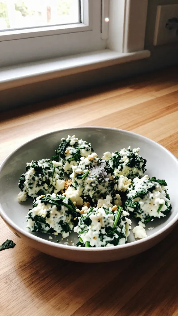A real, authentic iPhone photo of Five-Ingredient Spinach Feta cottage cheese bites in a casual kitchen setting. The frame focuses on a small, imperfect serving of the spinach and feta mixture—creamy cottage cheese base visible, with chopped spinach and crumbled feta mixed in, garlic and a pinch of salt lightly sprinkled around. The dish sits in a simple ceramic bowl on a wooden kitchen counter near a window, with natural window light casting soft, uneven shadows. A few stray spinach leaves and tiny feta crumbles are scattered for a lived-in look. The image should feel spontaneous: slightly overexposed highlights on the edges of the bowl, warm natural tones, a subtle lens flare from the window, and a hint of motion blur from a quick reach for a bite. There should be a slight tilt to the horizon and minor grain consistent with phone photography in moderate lighting, plus a few fingerprint smudges or dust specks on the lens to add realism. Composition should be casual and imperfect, as if shot quickly in a real kitchen with no staging. The photo should resemble compressed 1080p quality, with no text, and avoid cinematic or studio terms. Optional subtle post-processing hint: a light, uneven color shift and slight sharpening from a quick edit, but nothing polished or highly refined. The main subject is the cottage cheese spinach feta mixture, not a staged setup, to convey a homemade, Mediterranean-inspired bite that freezes well.