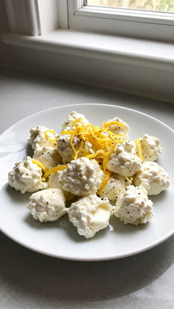 A real, authentic photo of a bowl or plate of cottage cheese egg bites labeled “Zesty Lemon Pepper Burst” ingredients visible (cottage cheese bites with lemon zest specks and pepper, bright yellow lemon zest curls), shot casually on a kitchen counter by a bright window. The scene looks like it was taken with an iPhone: natural window lighting, casual composition, imperfect and realistic. Slight overexposed highlights on the white plate, subtle lens flare from the window, minor motion blur from a quick hand positioning, grain varying with light, and a slightly tilted horizon. The bite-sized bites appear fresh and bright, with lemon zest visible, a sprinkle of pepper, and a simple, unstyled setup—no staging or professional props. No text, no logos. Shot quickly, in a hurry, with fingerprints on the lens and a compressed, 1080p quality feel. Optional subtle post-processing hints: minor adjustments that look like a casual edit but maintain a natural, everyday look.