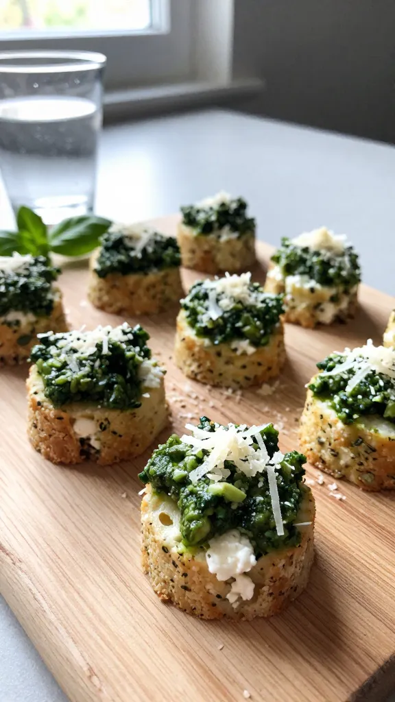 A real-feel photo of 10. Pesto Parmesan Power Bites: close-up shot of several bite-sized cottage cheese-based snacks on a simple, lightly textured wooden board. Each bite shows a dollop of fresh green pesto on top with a delicate sprinkle of grated parmesan, creamy specks of cottage cheese inside visible through a translucent bite, and a few herbs for a natural pop. The scene includes a small glass of water and a few torn basil leaves nearby for context, all in a casual, home-kitchen setting. Shot quickly with an iPhone, natural window light streaming in from the side, soft shadows, and a slightly imperfect composition. Slight overexposed highlights on the pesto sheen, subtle lens flare near the edge, minor motion blur from a casual handhold, and a touch of grain that varies with light. Horizon may be slightly tilted, finger on the lens in a candid moment, no staging, no visible signage or text. The image should feel like compressed, 1080p quality, with no text overlays, no cinematic or studio cues, just a real, everyday snapshot taken in a hurry, with fingerprint on the lens and a tiny bit of post-processing that keeps it looking authentic.