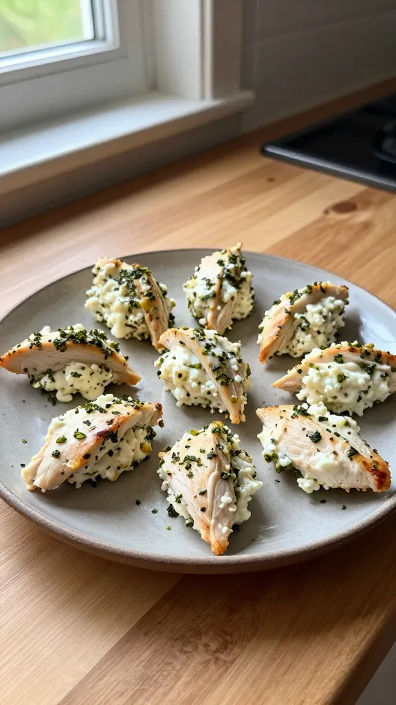 A real, authentic photo of 11. Garlic Herb Chicken Mini-Delights, featuring small cottage cheese–based chicken bites arranged casually on a rustic plate. The plate sits on a light wooden kitchen counter near a window, with natural daylight streaming in for warm, soft shadows. The bites show visible flecks of garlic and herbs, with tender chicken and creamy cottage cheese texture. The composition is un-staged: slight off-center placement, a few bites partially overlapping, and a casual, edible look. Include subtle, natural phone-camera imperfections: mild overexposed highlights from the window, tiny lens flare in the corner, a touch of motion blur as if just placed down, and a bit of grain that varies with the light. Horizon slightly tilted, no obvious retouching. The scene feels like a quick snapshot taken with an iPhone, in 1080p-ish quality, with no words on the image. Optional faint hint of post-processing to appear handheld and imperfect: compressed, 1080p quality, slight smart blur with sharpening, recolored with a flat, unpolished palette. No text.