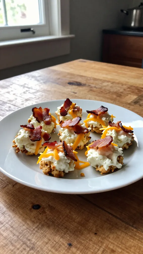 A real, authentic photo of bacon cheddar cottage cheese bites on a simple white plate, spotlighted by natural window light. The plate sits on a rustic wooden table in a casual kitchen setting, with a few crumb bits and melted cheddar strands visible. Include crisp bacon bits, cheddar shreds peeking through, and creamy cottage cheese texture. The scene appears shot quickly, with no staging: slightly off-center composition, a hint of motion blur from a quick hand movement, a tiny tilt of the horizon, and subtle overexposed highlights where light hits the plate. Grainy texture and minor lens flare from a nearby window, fingerprint marks on the lens, and a touch of natural imperfections to convey a real, 1080p-quality, iPhone-shot feel. No text, no artificial posing, no AI-stamped look, just a candid, everyday capture of the bacon cheddar cottage cheese bites. Optional, light post-processing that keeps it looking unpolished: minor smart blur with sharpening, slight color desaturation and a flat, JPEG-like finish.