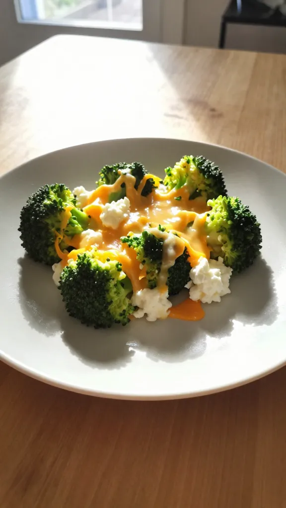 A realistic photo-style image of a bright, sunlit plate of 13. Broccoli Cheddar Sunshine: a single serving bite on a simple, imperfect plate. The bite features bright green broccoli florets, melty cheddar, and creamy cottage cheese, arranged to resemble a tiny sunny-side-up on a plate with a warm, inviting yellow glow. The scene is captured with natural window light, casual composition, and a slightly imperfect, home-kitchen vibe. The plate sits on a light wooden table with soft, diffuse sunlight streaming in from a window on the side. The shot should look like it was taken quickly, with no staging, featuring slight overexposed highlights on the cheese edges, a hint of lens flare, and a touch of grain that varies with the light. Slightly tilted horizon, minor motion blur from a casual hand motion, and fingerprints or dust on the lens to enhance realism. The image should resemble compressed, 1080p quality, with a rough, everyday capture feel, and no text or labels on the photo. Optional subtle post-processing hints: light, unobtrusive color warm-up and a tiny touch of sharpening, but still maintaining a natural, unpolished look. The main subject is the broccoli cheddar cottage cheese bite; ensure the plate and bite are clearly visible and grounded in a real, un-staged kitchen setting.
