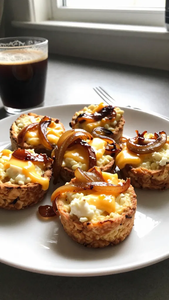 A real, authentic photo of Caramelized Onion and Gruyere Egg Bites served on a simple plate with a few caramelized onions and melted Gruyere visible, featuring a cottage cheese-based bites filling, shot on an iPhone in natural window light. Casual, imperfect composition: cup of coffee or a fork nearby, a softly blurred kitchen counter in the background, slight tilt to the horizon, subtle overexposed highlights on the plate edges, tiny lens flare from the window, faint motion blur from a quick hand move, and a bit of grain in the shadows to convey natural light. The scene should feel like a quick breakfast or brunch moment, with no staging—no text, no artificial backdrop, just realistic, everyday breakfast vibes. Include minor imperfections: fingerprint on the lens, compressed 1080p quality, slight color shift from the daylight, no depth of field or professional lighting. Shot quickly, taken in a hurry, no AI-typical cues, and the image should resemble a candid iPhone capture of cottage cheese egg bites featuring sweet onions and Gruyere finishing. Optional subtle post-processing touch: mild smart blur with gentle sharpening, retouched to a flat, non-glossy color similar to a real photo.