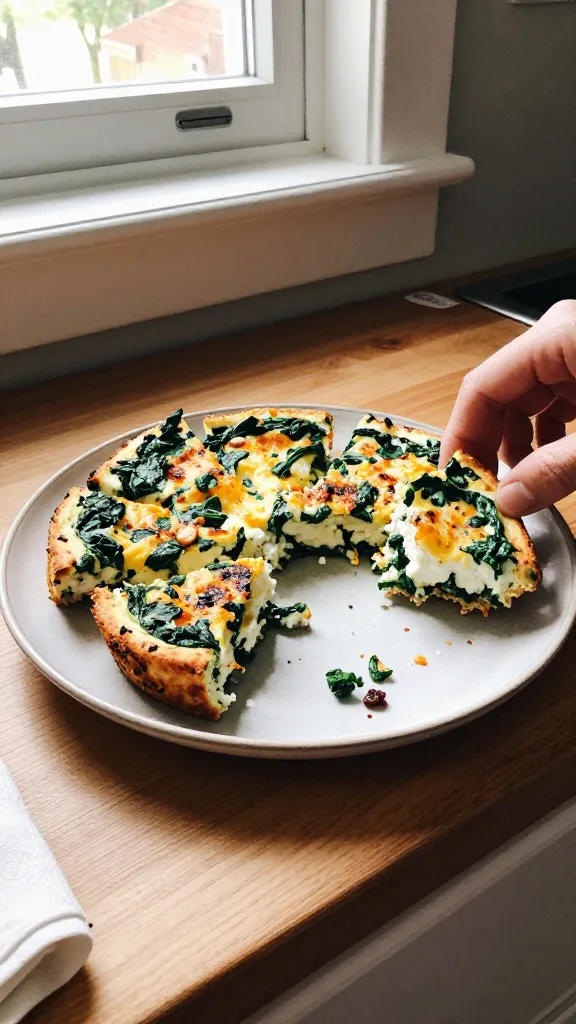 A real, authentic photo of a plate of Tex-Mile Low-Carb Spinach Go-Tos—cottage cheese egg bites with spinach, light cheese, and a hint of chili—arranged casually on a simple ceramic plate with a few bites missing to show texture, placed on a wooden kitchen counter near a window. The scene should look like it was taken with an iPhone in natural window light, with a slightly imperfect, lived-in vibe: finger-smudged lens, a tiny overexposed highlight from the sun, gentle lens flare from the window, a subtle tilt to the horizon, minor motion blur on a stray napkin in the foreground, and a touch of grain that varies with the light. No staging or studio setup, just a quick shot taken in a hurry, as if you’re about to grab a bite. Keep the composition casual: the plate off-center, visible hands reaching for a bite, and a small label tag on the counter edge showing date and flavor (but not legible text), to convey a freezer-friendly, ready-to-go feel. Compressed 1080p quality, no text overlays, no words in the image, slight post-processing hints like a mild smart blur and subtle color correction to look natural but not artificial.