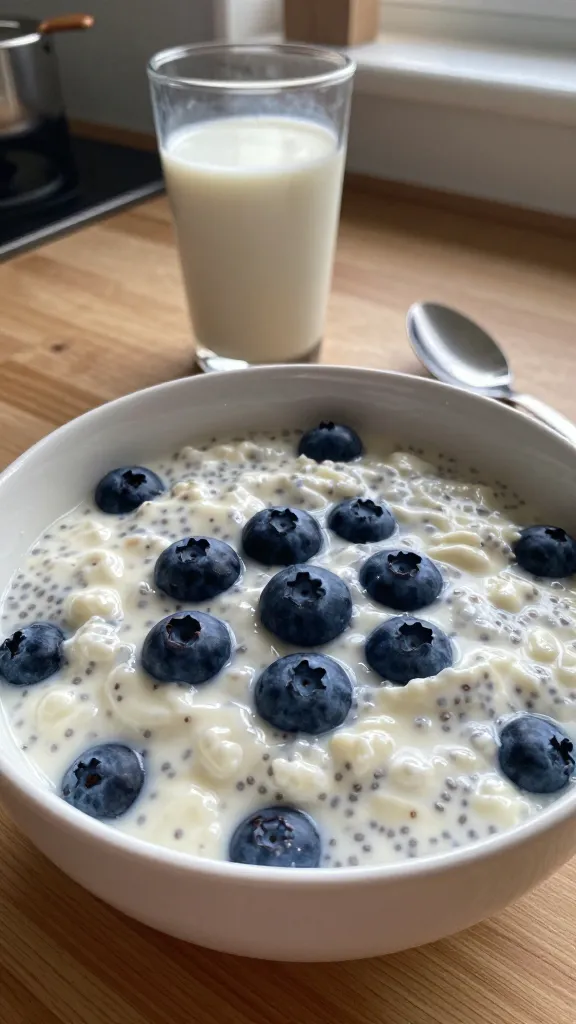 A real, authentic photo of a bowl of Vanilla-Blueberry Protein Pudding Mojo in a casual kitchen setting, focusing on a creamy cottage cheese–chia pudding with visible chia seeds, blueberries folded in, and a vanilla backdrop. The scene looks like it was taken quickly with an iPhone, natural window light streaming in, casual composition, and a slightly imperfect, reality-based feel. Include realistic phone-camera imperfections: small overexposed highlights on the blueberries and glass, a touch of lens flare from the window, minor motion blur from a casual hand pose, and subtle grain that varies with the lighting. Horizon slightly tilted, no studio setup, no staged elements. The bowl sits on a wooden countertop with a simple spoon dip near the edge, a glass of milk in the background, and a hint of kitchen items blurred to convey real life. Avoid any words on the image. Optional subtle post-processing hint: a tiny hint of “scaled down and up again, slight smart blur with sharpening, recolored with a flat paint bucket” to mimic a casual, slightly processed phone shot. The image should feel like a real, everyday breakfast photo taken in a hurry, not glossy or overly polished. No text.