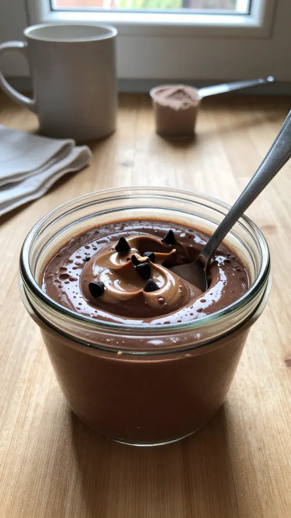 A candid, real-feel photo of Chocolate Peanut Butter Dream Shake Pudding in a casual kitchen setting. The main subject: a glass jar or small bowl of chocolate peanut butter dream shake pudding, with a spoon resting inside and a swirl of unsweetened cocoa on top. Include natural peanut butter visible in the texture and a few mini chocolate chips sprinkled for texture. Use chilled coconut milk as a glossy, slightly chilled surface edge. The scene is styled as if made for a quick meal prep: a wooden counter, a mug, a small scoop of protein powder nearby, and a loosely folded napkin. Lighting from a nearby window creates soft, natural shadows and a gentle highlight on the pudding. Capture a real, unposed moment: slightly imperfect composition, a hint of steam or condensation, and a subtle, slightly tilted horizon. Incorporate realistic phone-camera imperfections: slight overexposed highlights on the glossy surface, minor lens flare from the window, a touch of motion blur from a quick hand movement, natural grain responding to the light, and a few fingerprints or smudges on the glass. Overall look: “shot quickly,” “taken in a hurry,” “no staging,” “fingerprint on lens,” “compressed, 1080p quality,” “screenshot quality.” No text on the image. Optional subtle post-processing touch: gentle flat color balance with a minor smart blur/sharpening to mimic a casual edit, and a slight color restoration to keep the scene warm.