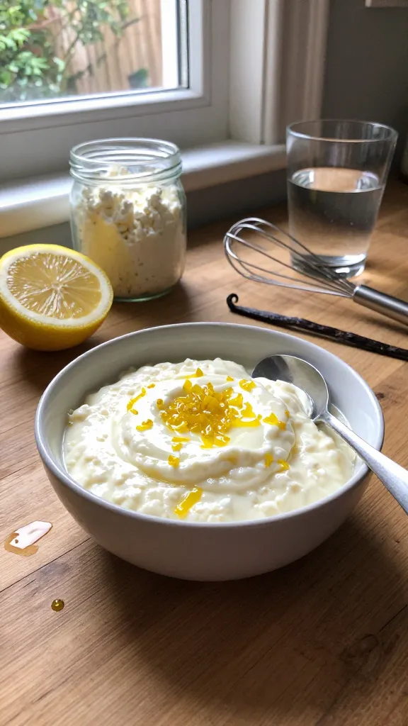 A real, authentic photo of a bowl of Lemon Zest Ricotta-Style Citrus Pudding inspired by a high-protein cottage cheese base, shot as if captured on an iPhone in a cozy kitchen. The main subject is the citrusy pudding with visible lemon zest, a light, airy texture, and a glossy, creamy surface. The bowl sits on a rustic wooden counter near a window with natural daylight streaming in, casting soft shadows and a gentle, warm glow. Include a small spoon resting on the side, a lightly drizzled touch of lemon juice and a vanilla bean speck or vanilla pod nearby to imply flavor. Surrounding elements: a half-cut lemon with bright juice droplets, a jar of cottage cheese, a miniature whisk, and a glass of water to reinforce a casual meal-prep vibe. The composition should feel casual and unscripted, as if snapped in a hurry during meal prep. Lighting and texture: natural window light, slight overexposed highlights on the glossy surface, subtle lens flare from the window, a touch of grain in the shadows, and a mildly tilted horizon to emphasize realism. Slight motion blur on a stray lemon zest peel in the foreground to convey movement. The photo should look like compressed, 1080p quality with no staged setup, no overt post-processing, and no text overlays. Fingerprints or smudges on the lens, a tiny camera shake, or a minor reflection in the spoon edge add authentic Imperfections. Overall mood: approachable, fresh, and ready to eat, with the lemon zest aroma implied by the bright citrus notes and a whisper of vanilla for balance. No words or captions in the image.