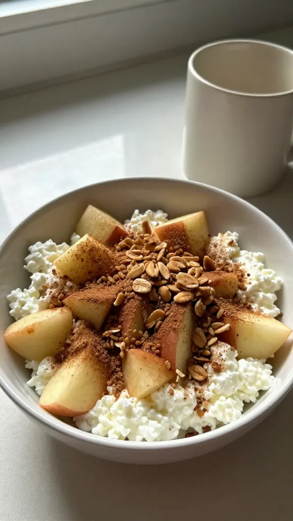 A real, authentic-looking photo of a cozy bowl labeled as 5. Cinnamon Apple Crunch Medley, featuring cottage cheese with warm cinnamon, diced apples, and a crunchy topping. The scene is arranged casually on a kitchen counter next to a mug, with natural window light streaming in to create soft shadows. The bowl sits mid-table height, slightly off-center, as if grabbed in a hurry. Ingredients visible: small diced apples folded into a creamy cottage cheese base, a dusting of ground cinnamon and a pinch of nutmeg, toasted oats or crushed nuts on top for crunch. The base is mixed first, then apples and cinnamon sprinkled, with a few oats added right before serving. Slight imperfections: minor overexposed highlights on the bowl edge, a subtle lens flare from the window, a touch of motion blur from a quick handheld shot, and a faint grain that varies with the light. Horizon slightly tilted, phone camera artifacts present, no staged or studio look, no words or branding in frame. The overall feel is a everyday, grab-and-go breakfast moment, shot quickly in 1080p quality, with no staging and a casual, imperfect vibe. Optional subtle post-processing hint: a minor, accidental digital tweak that keeps it looking natural but hints at a quick edit.
