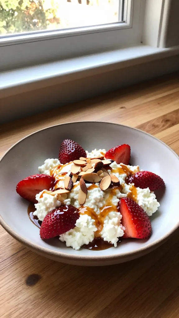 A real, authentic photo of a bowl featuring 6. Roasted Strawberry Balsamic Glaze Fusion: cottage cheese folded with roasted strawberry chunks and a drizzle of balsamic glaze, swirled with a hint of honey, topped with sliced almonds, arranged on a simple, slightly rustic plate. The bowl sits on a wooden kitchen counter near a window, with natural daylight streaming in. The scene is casual and unposed: a touched-up, messy-but-deliberate composition that feels like a real breakfast or snack moment. Subtle imperfections: slight overexposed highlights on the glaze, gentle lens flare from the window, a touch of motion blur from a quick handheld shot, graininess that varies with the light, and a slightly tilted horizon. No text, no branding. The image should look like it was shot quickly on an iPhone, with no staging, fingerprint on the lens, or other obvious AI cues. Slight post-processing hints: a minor balance shift and a faint, uneven sharpening to avoid the look of perfection, and a compressed, 1080p-quality vibe.