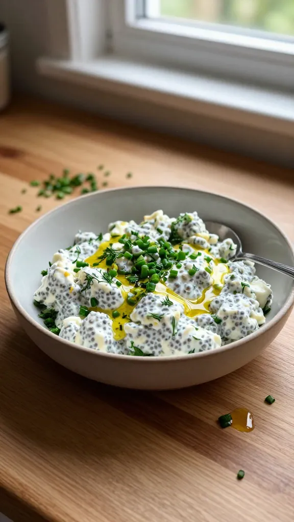 A casually plated savory cottage cheese chia pudding featuring a salted cottage cheese base mixed with finely chopped fresh chives, parsley, and dill folded in, finished with a light drizzle of olive oil and a splash of lemon juice. The dish sits in a simple ceramic bowl on a wooden kitchen counter near a window, with natural morning light streaming in. The composition is informal and unposed: a messy sprinkle of chopped herbs around the bowl, a tiny pool of olive oil catching a glint, and a few herb flecks on the surface. Include subtle, realistic camera imperfections: slight overexposed highlights on the oil, faint lens flare from the window, a touch of motion blur on a nearby spoon, and a gentle grain that varies with the light. Horizon slightly tilted, no staging or signs of artificial setup, shot quickly as if taken on an everyday morning. Ensure there is no text in the image. Optional subtle post-processing hints: mild color flatting and minor sharpening, to resemble a real smartphone photo taken on an iPhone in 1080p quality.