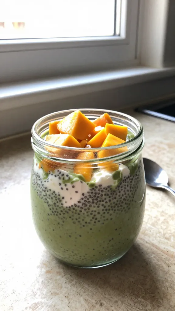 A real-looking photo of a glass or jar of Matcha Mango Energy Bomb chia pudding, prominently featuring cottage cheese swirled through with bright mango chunks and a light green matcha-tinted crema, placed on a rustic kitchen counter by a sunny window. The scene is casual and un-staged: natural window light casting soft shadows, slight imperfect tilt of the horizon, a few small reflections on the glass, and a casually arranged spoon resting nearby. Visible texture from chia seeds and the creamy cottage cheese give a lush, breakfast-ready feel. Subtle, authentic camera quirks: gentle overexposed highlights on the mango, a touch of lens flare, minor motion blur from a quick nudge of the hand, and a faint grain that varies with the bright light. The photo should look like it was taken quickly with an iPhone, without any staging or obvious AI cues, and without any text or overlays. Slightly compressed, 1080p quality, with fingerprint smudges on the lens and a tiny, natural blemish or tilt to convey realism. Optional light post-processing hints: subtle, natural color tweaks to keep the mango vibrant and the matcha earthy, but avoid glossy, studio-like polish. No words, no captions, just the authentic moment.