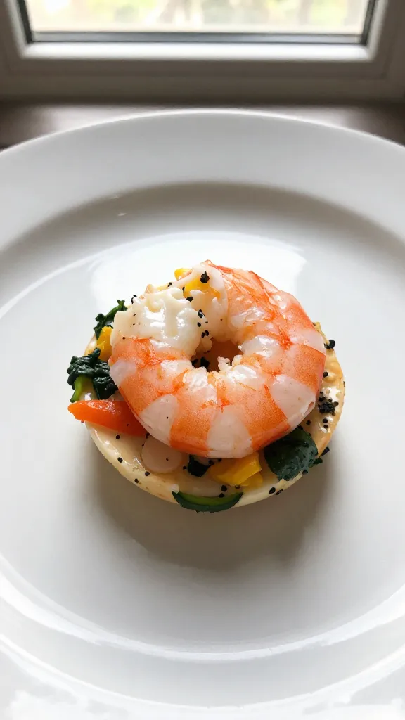 Closeup of a single shrimp & veggie egg bite on a white ceramic plate, iPhone photo, natural window light, slight overexposure