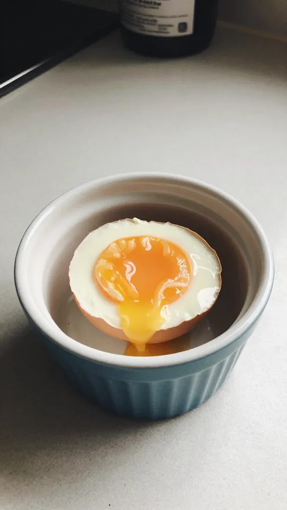 One egg bite half-cut to show melted interior, on a chipped edge ramekin, casual kitchen counter, iPhone shot, subtle tilt