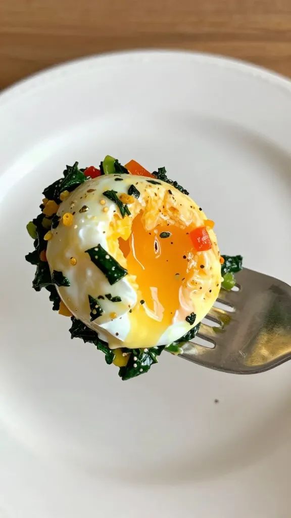 Single egg bite with visible spinach specks and peppers, resting on a fork, taken in a hurry, warm natural light