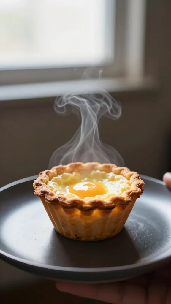 Side view of one egg bite with steam, on a plain dark plate, handheld iPhone capture, gentle lens flare from window