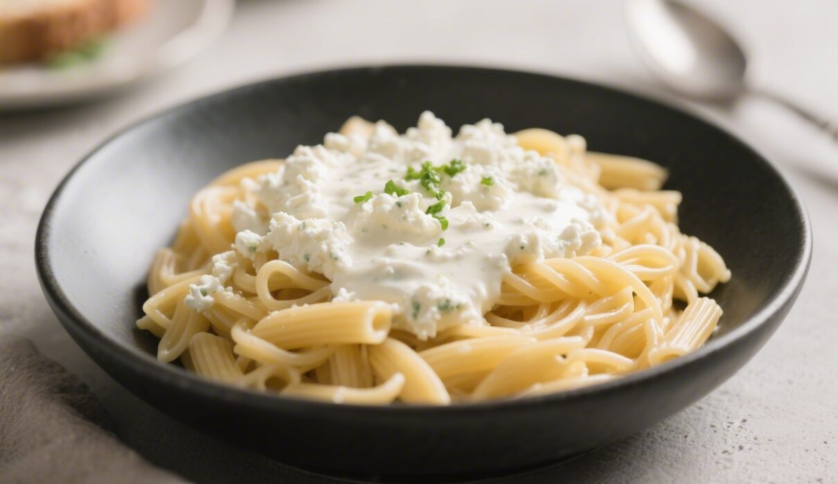 Creamy cottage cheese pasta sauce blended smooth and served over pasta for a quick high-protein 10-minute meal