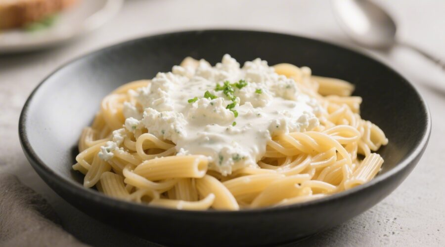 Creamy cottage cheese pasta sauce blended smooth and served over pasta for a quick high-protein 10-minute meal